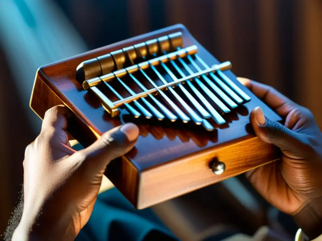 Un músico africano toca con destreza el kalimba, mostrando el origen y técnica del instrumento en una atmósfera llena de tradición y cultura tribal