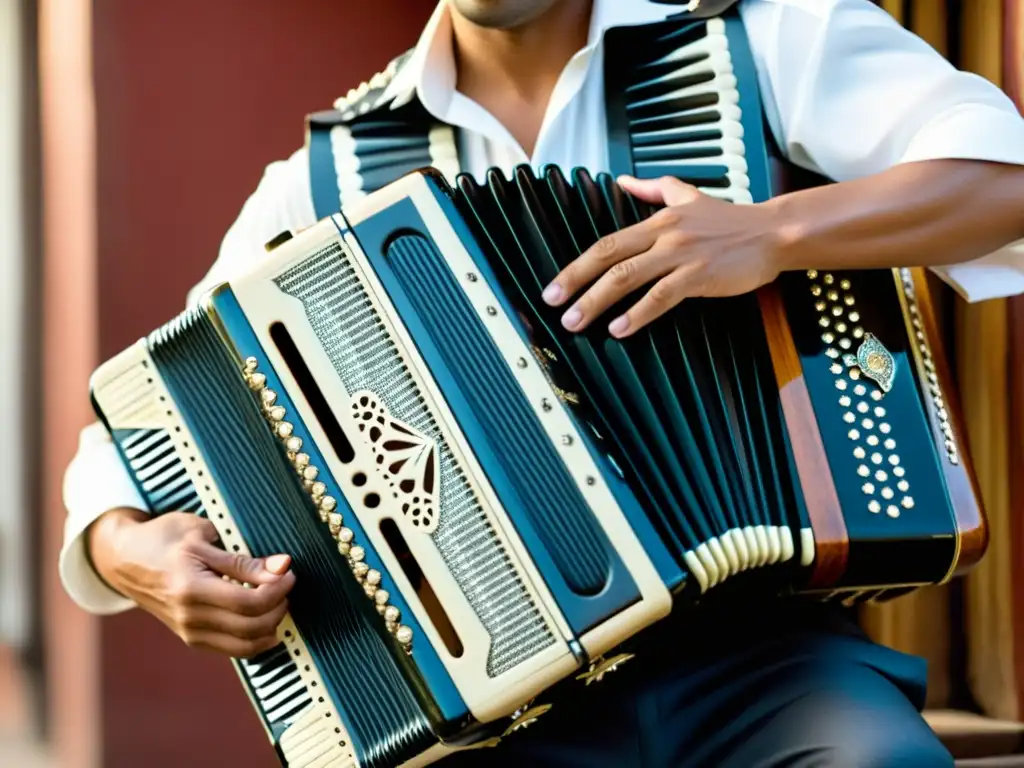 Un músico apasionado toca el acordeón vallenato, mostrando su destreza y el significado cultural del instrumento