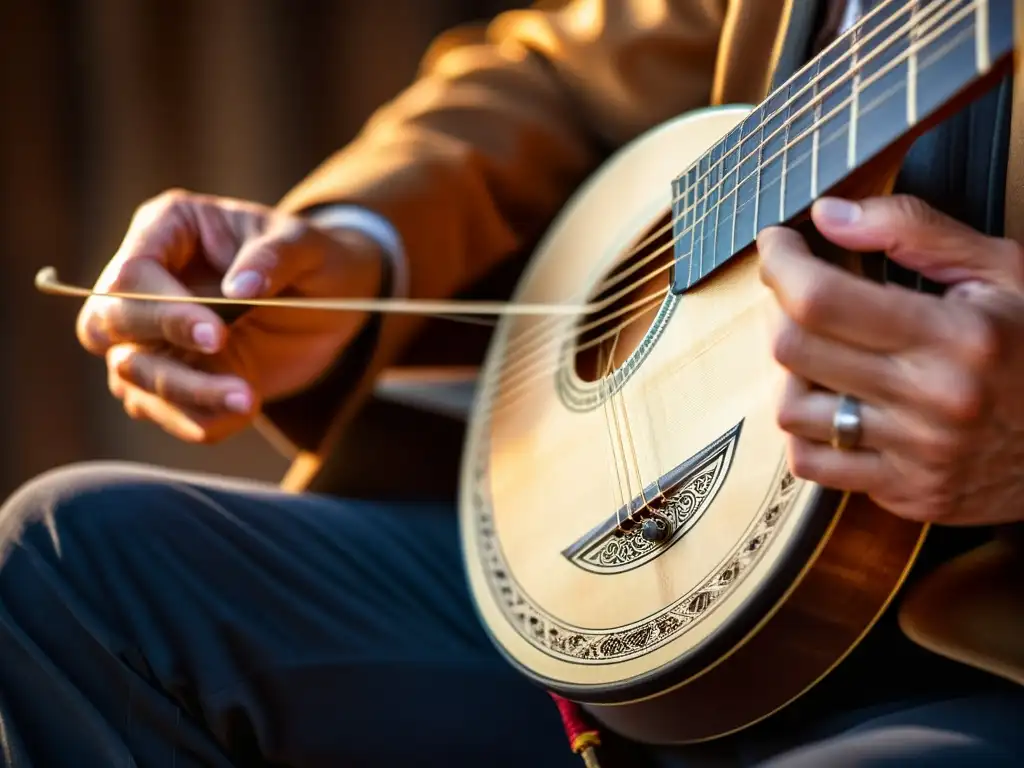 Emoción en las cuerdas: manos expertas en el bouzouki Un músico apasionado interpreta el bouzouki griego con destreza, mostrando la evolución de este instrumento icónico