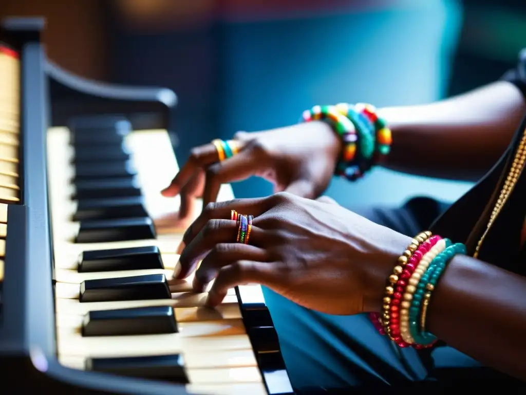 Un músico apasionado toca un piano digital en un estudio, sus manos adornadas con pulseras coloridas