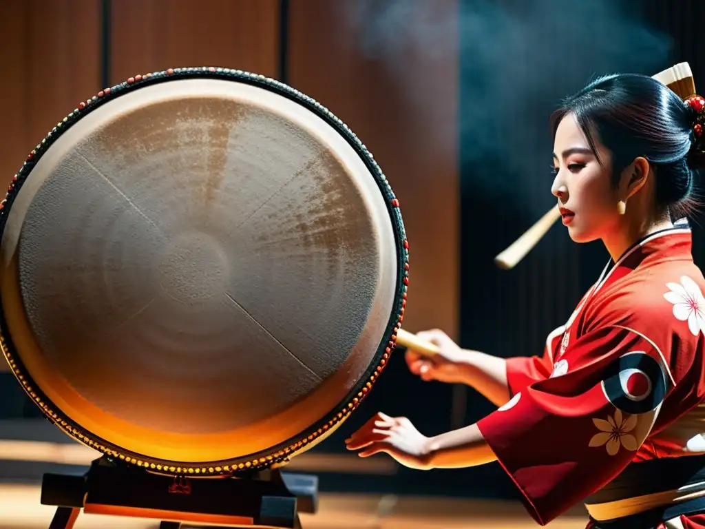 Un músico apasionado toca un tambor taiko japonés, con detalles intrincados y movimientos japoneses con percusión