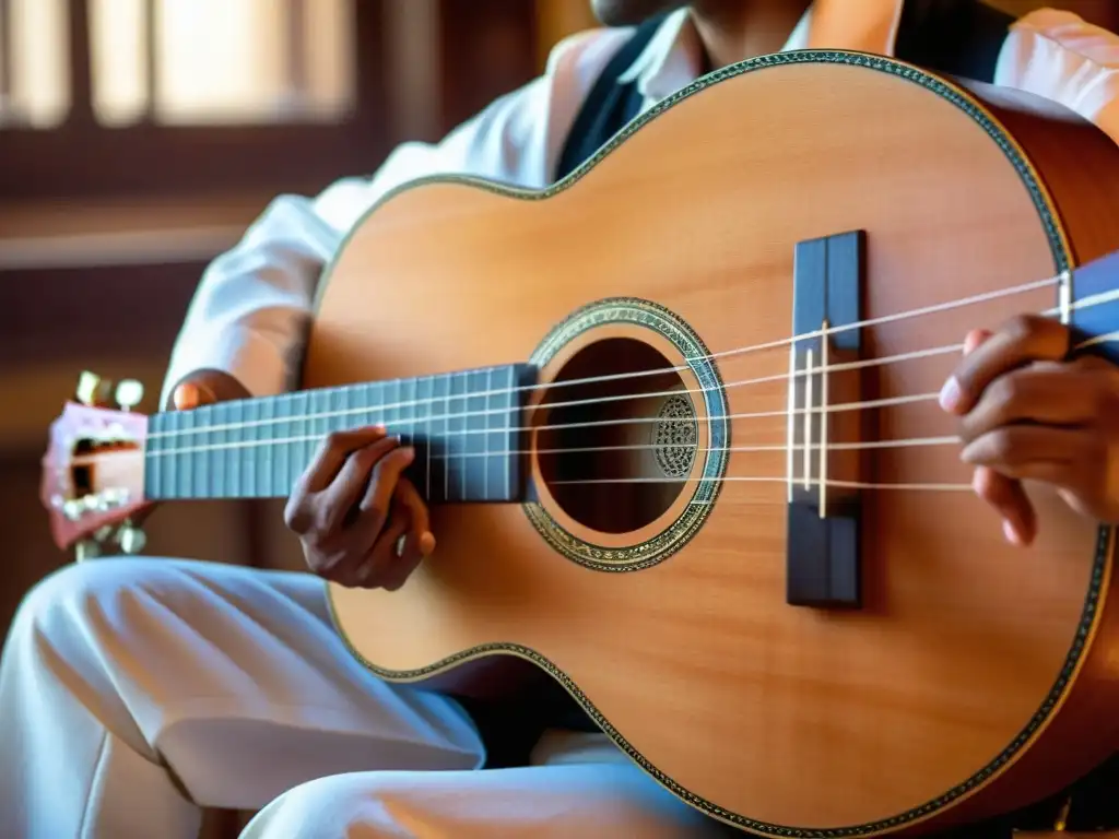 Un músico apasionado toca un timple canario, resaltando la artesanía y la importancia cultural de las danzas tradicionales del mundo