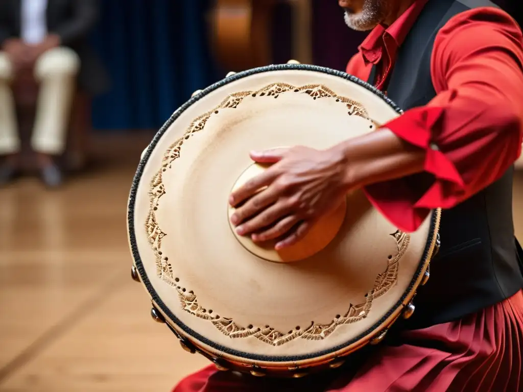 Un músico apasionado toca una zambomba enérgica durante un vibrante espectáculo de flamenco