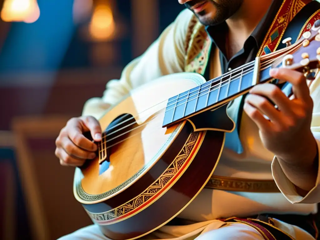Bouzouki tradicional en vivo: pasión y energía griega Un músico toca un bouzouki griego durante una animada danza Syrtaki, destacando los detalles del instrumento y la energía vibrante