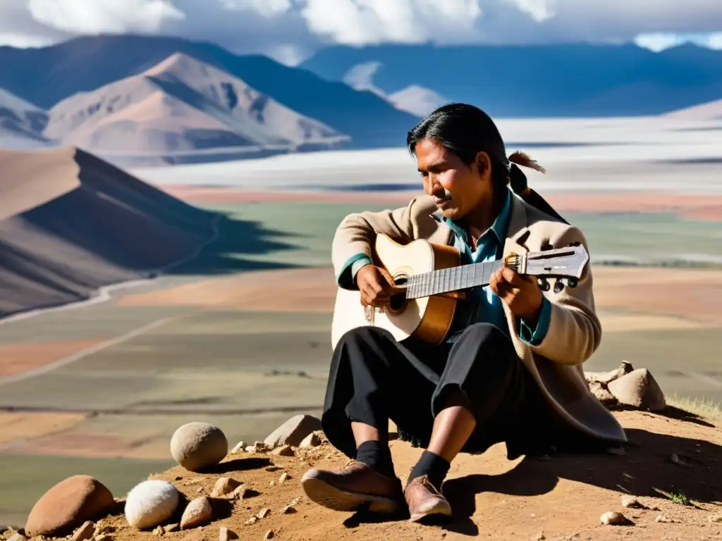 Un músico Aymara toca el charango en la cima, rodeado de instrumentos andinos