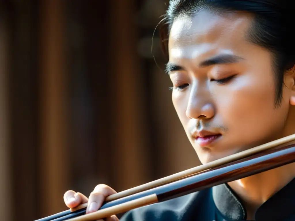 Un músico chino toca el erhu con pasión, mostrando la historia y significado cultural de este instrumento tradicional