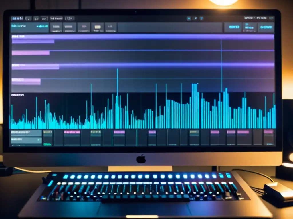 Un músico concentrado finetunea su creación musical en su estación de trabajo, con varios Plugins VST para creación musical abiertos