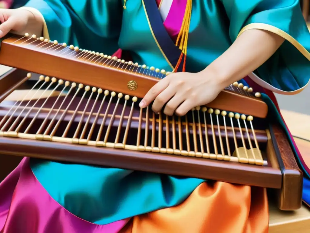 Maestro del Gayageum: Música y baile coreano en vivo Un músico coreano toca el gayageum en un bullicioso mercado, creando una melodía hipnótica que representa la danza y la cultura coreana