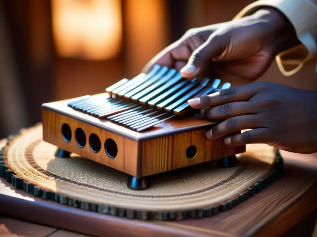 Un músico toca con destreza un kalimba africano, creando ondas sonoras, resaltando sus detalles y el ambiente tribal