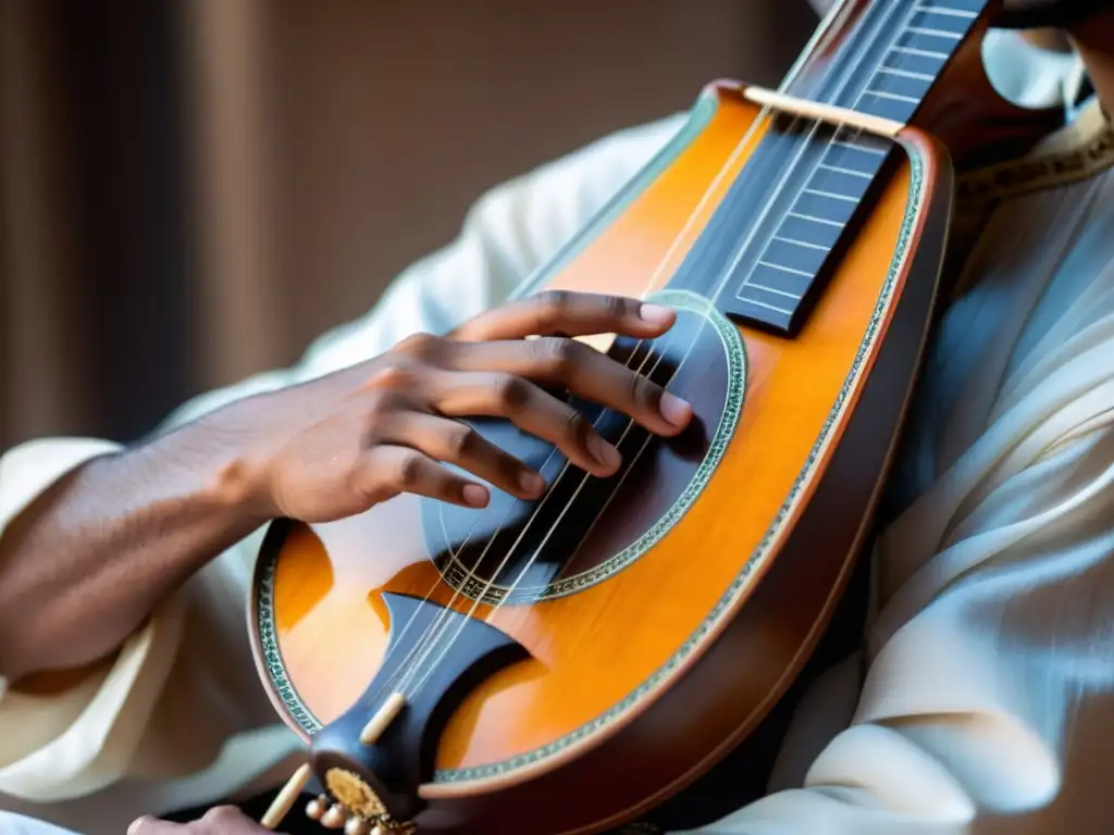 Un músico árabe toca el Rebab con destreza, expresando el significado cultural del Rebab Árabe a través de su música