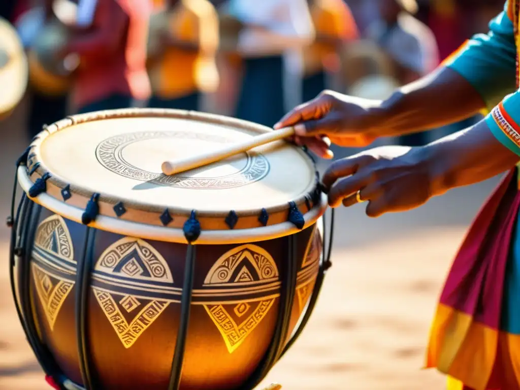 Un músico toca con destreza un tambor tallado a mano durante una danza tradicional, envuelto en una atmósfera cálida y misteriosa