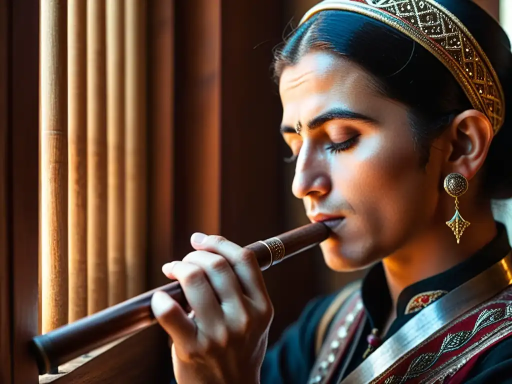 Un músico hábil toca el duduk armenio, en un ambiente cultural, con danzas tradicionales