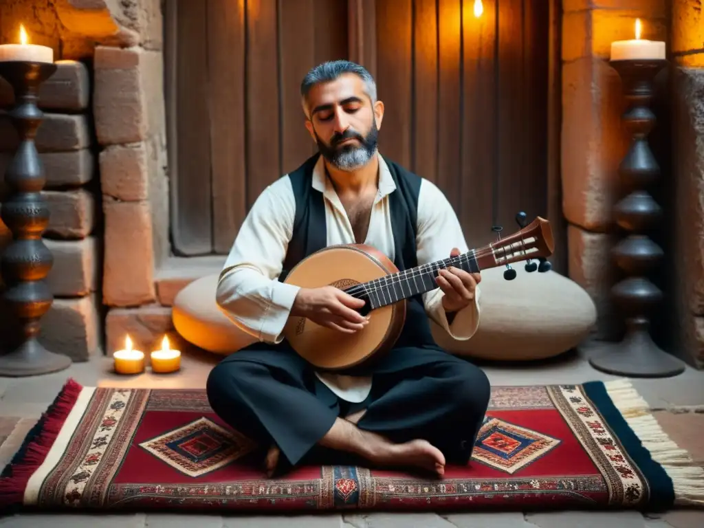 Un músico de duduk armenio en danzas tradicionales, tocando con reverencia en un entorno místico de antigua tradición