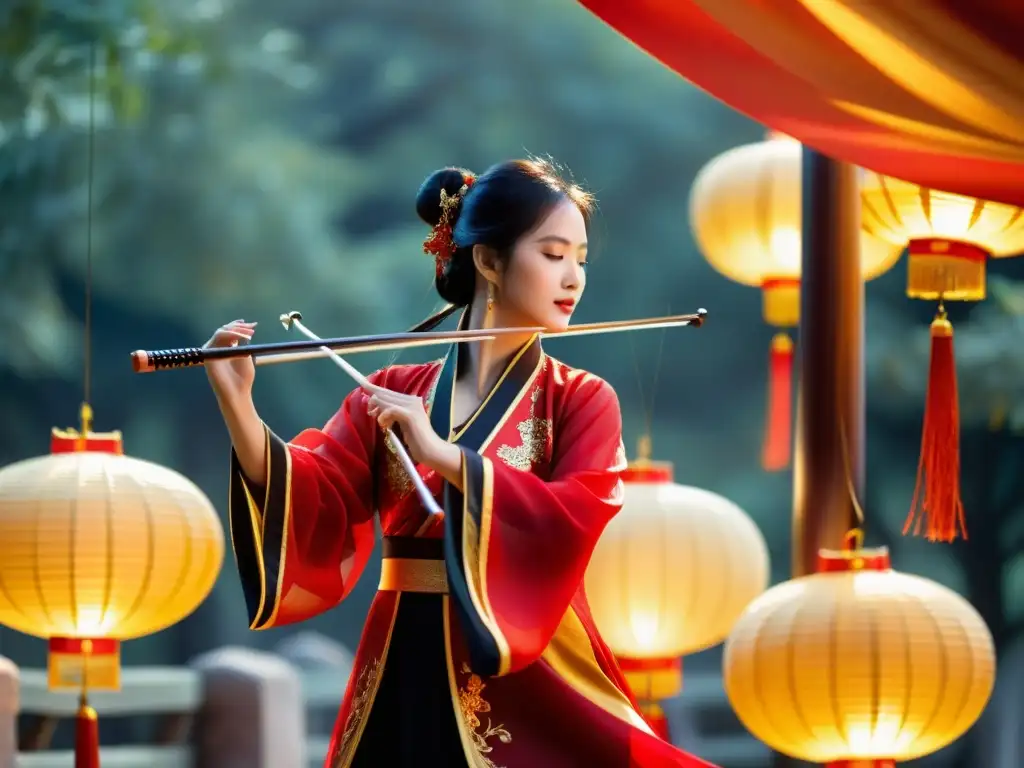 Un músico de erhu con atuendo chino tradicional, rodeado de cintas de seda roja y dorada en un escenario iluminado por linternas