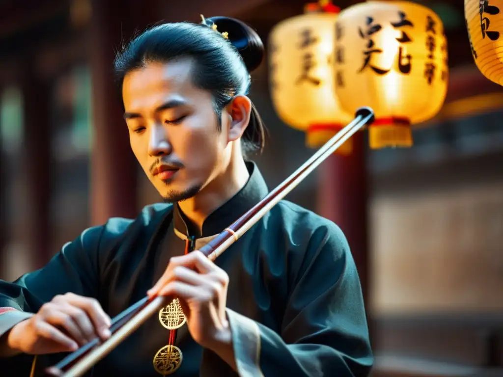 Un músico hábil toca el erhu chino en un entorno cultural tradicional, transmitiendo una profunda conexión emocional con la música