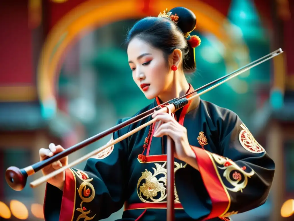 Un músico hábil toca el erhu con intensa concentración, rodeado de una danza china tradicional con colores vibrantes y patrones intrincados