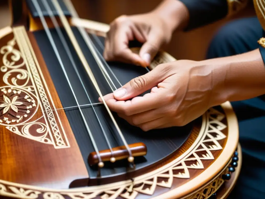 Un músico experto ejecuta el arpa llanera, resaltando el significado cultural del instrumento en una atmósfera íntima y tradicional