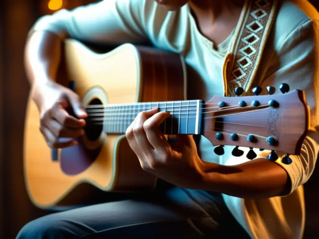 Un músico experto toca el charango con pasión en un entorno íntimo y cálido