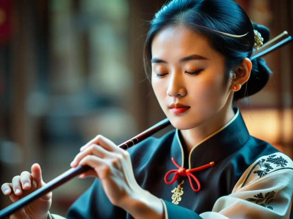 Un músico experto toca el erhu con pasión y concentración, envuelto en elementos de la cultura china