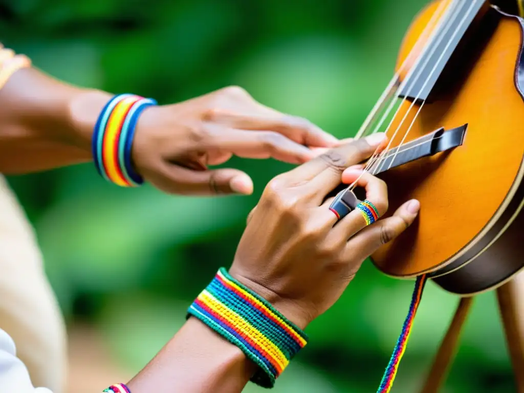 Un músico experto tocando el tiple colombiano con pasión y técnica de baile del tiple colombiano en un paisaje andino exuberante