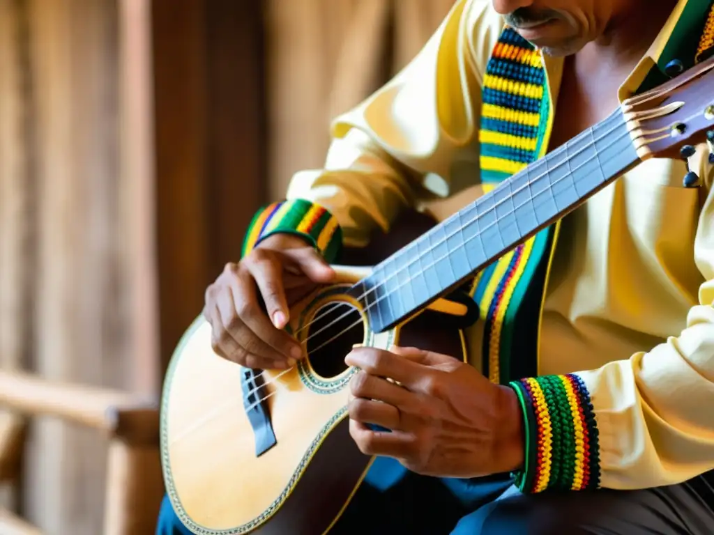 Un músico experto toca un tiple colombiano durante una danza tradicional, destacando la técnica de baile del tiple colombiano