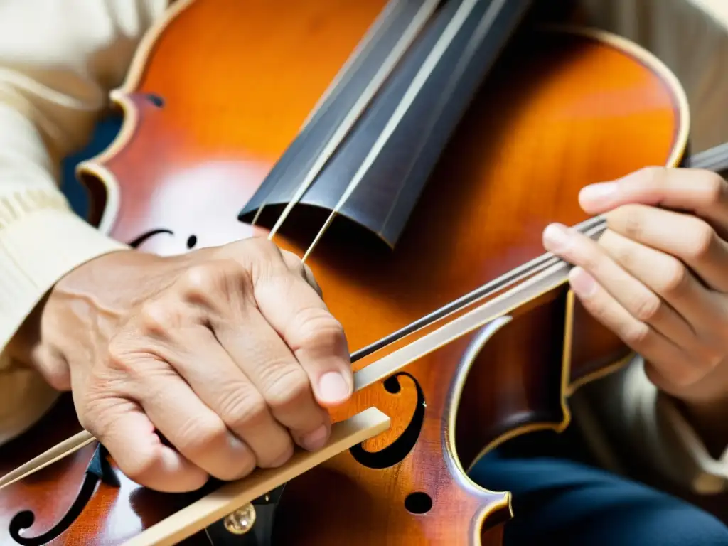 Un músico experto toca la Viola Caipira en un entorno rural brasileño, mostrando la destreza de sus manos y la textura desgastada del instrumento