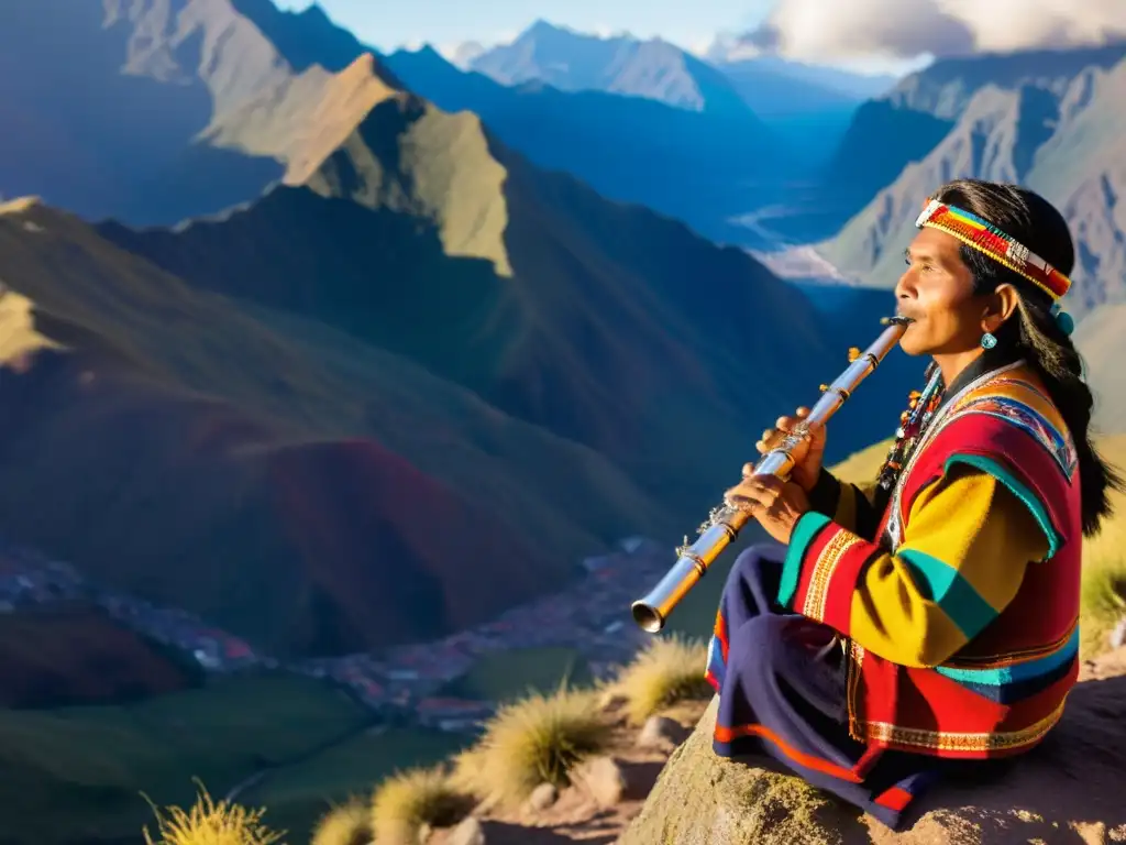 Un músico de flautas de Pan Andinas Incas, vistiendo traje colorido, toca suavemente sobre un acantilado, con montañas de fondo al atardecer