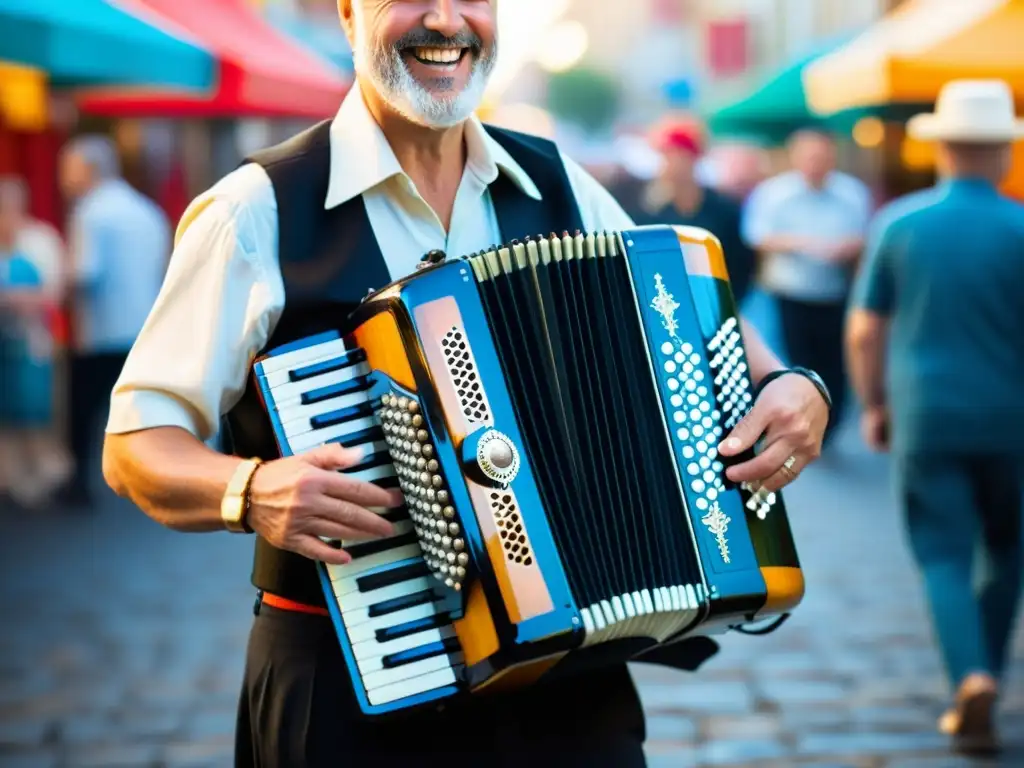 Un músico habilidoso toca el acordeón en un mercado callejero, reflejando la evolución de la Zamba tradicional música baile siglo XXI