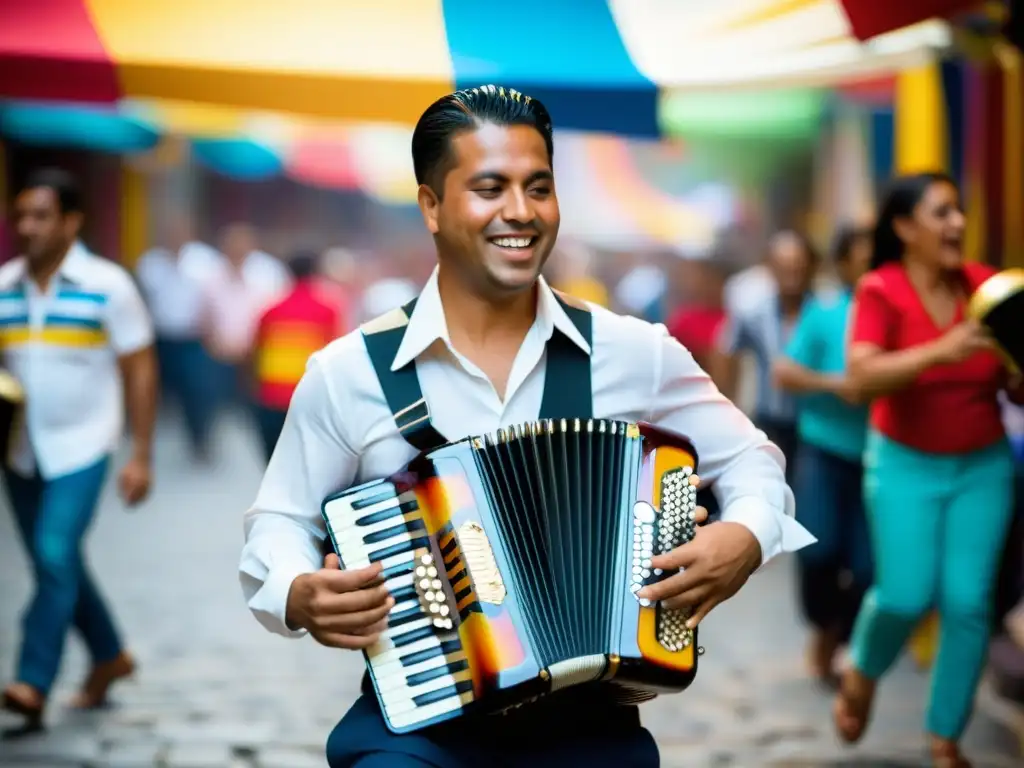 Un músico habilidoso toca el acordeón vallenato en un animado festival callejero colombiano