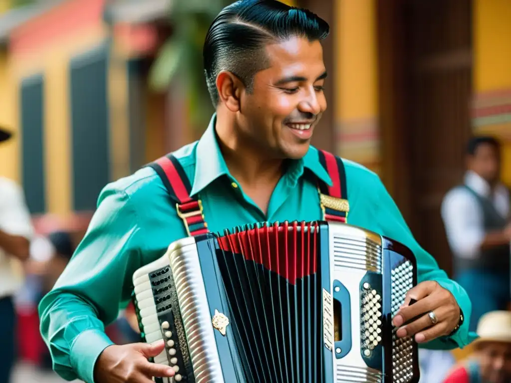 Un músico habilidoso interpreta el acordeón vallenato, mostrando su significado cultural en una atmósfera vibrante y auténtica