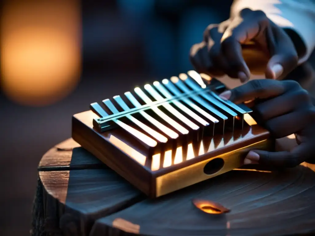 Un músico habilidoso toca una kalimba africana bajo la luz de la luna, capturando la esencia rítmica y melódica del instrumento