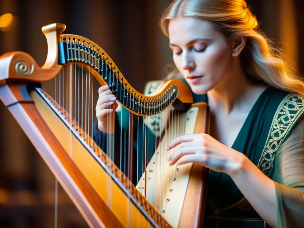 Un músico habilidoso toca un arpa celta, sumergido en la música