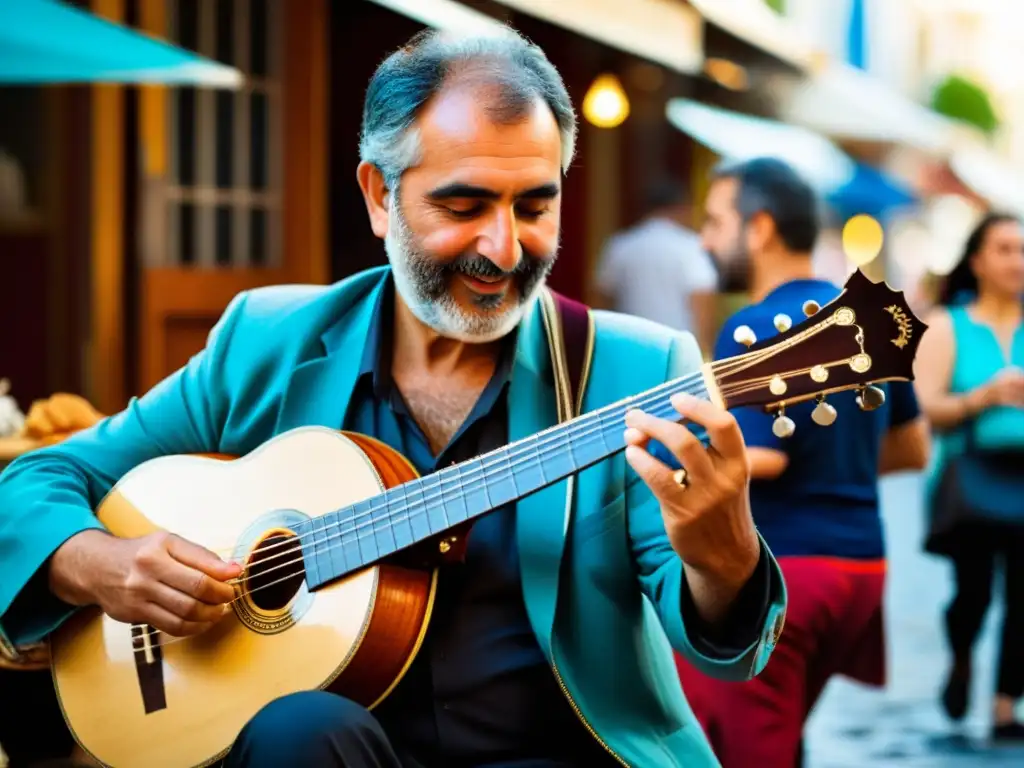 Maestro del bouzouki: música griega en Atenas Un músico habilidoso toca un bouzouki griego en una bulliciosa calle de Atenas, capturando la esencia del origen y evolución del bouzouki griego