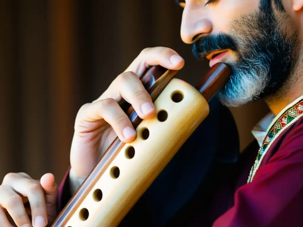 Un músico habilidoso toca el duduk armenio en un paisaje pintoresco al atardecer, evocando una conexión profunda con las danzas tradicionales