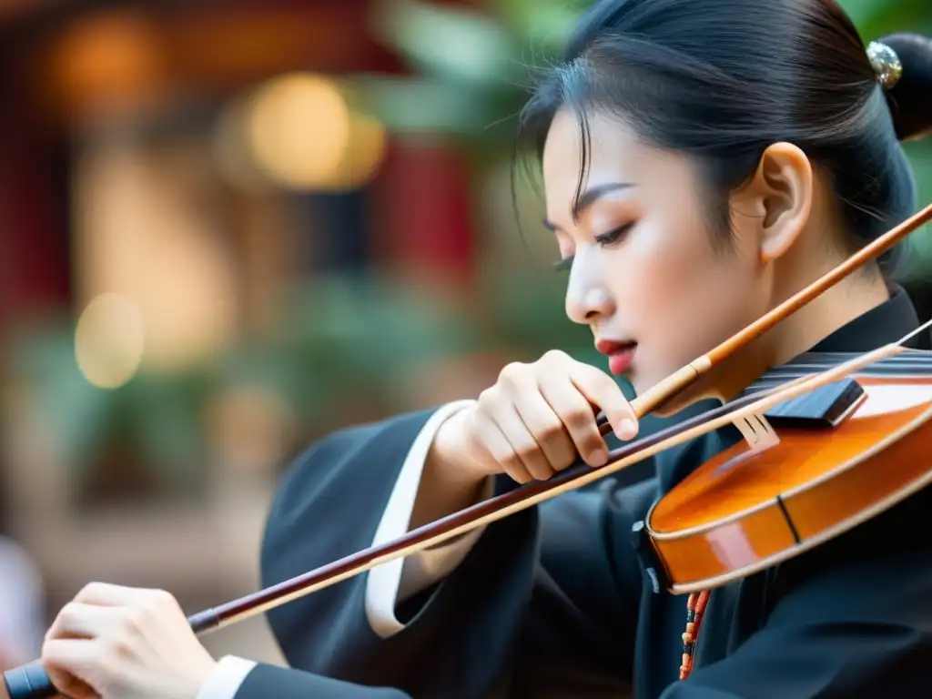 Un músico habilidoso ejecuta el erhu chino con intensidad, capturando su significado cultural en una atmósfera inmersiva de danza tradicional china