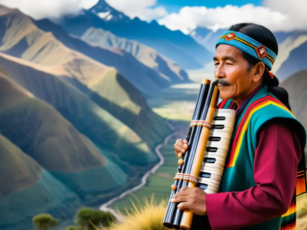 Un músico habilidoso toca una flauta de pan andina inca contra el impresionante telón de fondo de los Andes