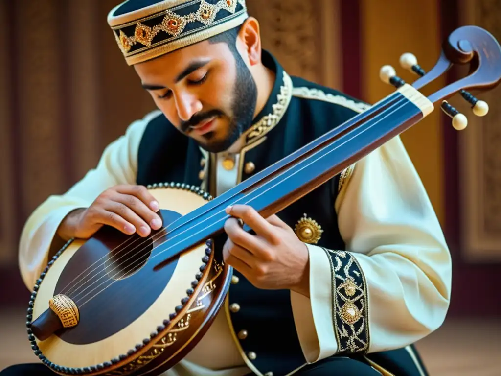 Un músico habilidoso toca el kanun, un instrumento tradicional anatolio, con detalles ornamentales