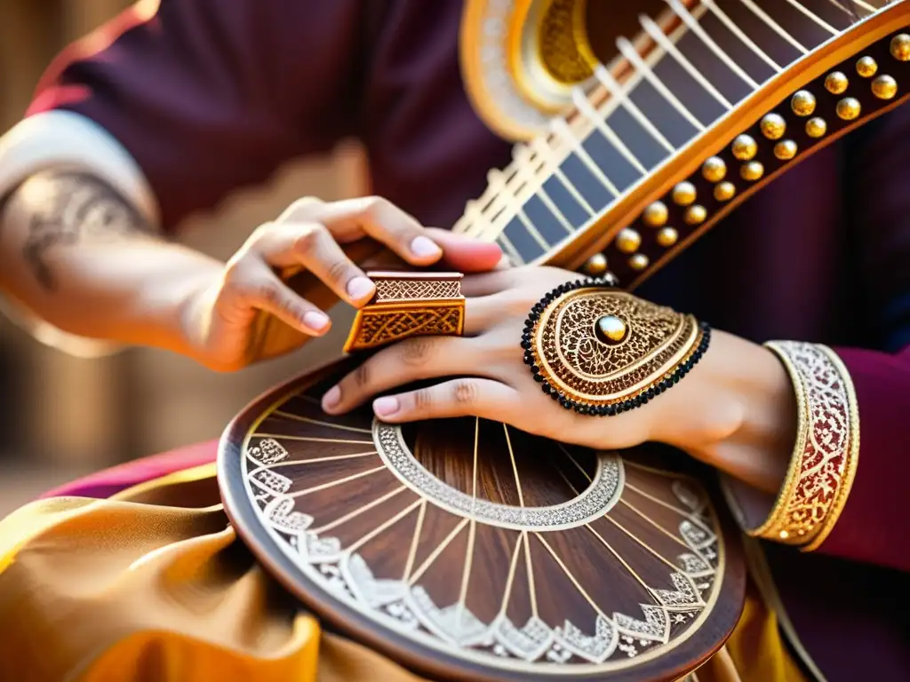 Un músico habilidoso toca el oud con manos decoradas con henna, fusionando música y danza árabe con influencia del oud