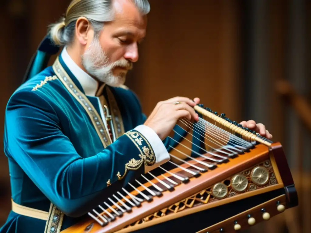 Un músico habilidoso toca el Nyckelharpa Sueco con destreza, vistiendo atuendo tradicional