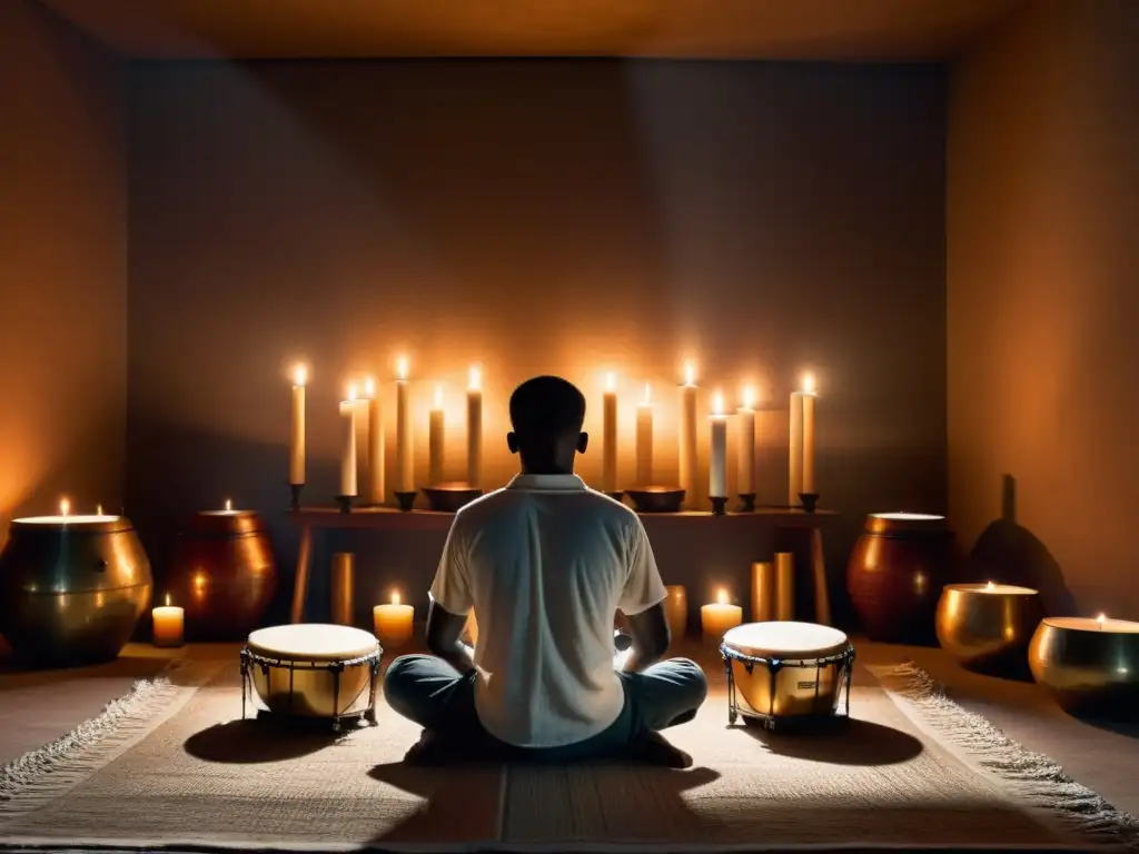 Un músico crea música ritualística en una habitación iluminada por velas