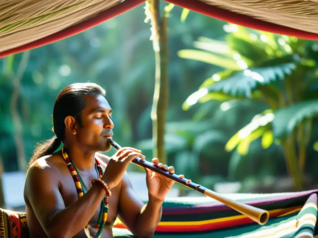 Un músico indígena crea música original para danzas tradicionales en un entorno natural, rodeado de textiles y instrumentos artesanales