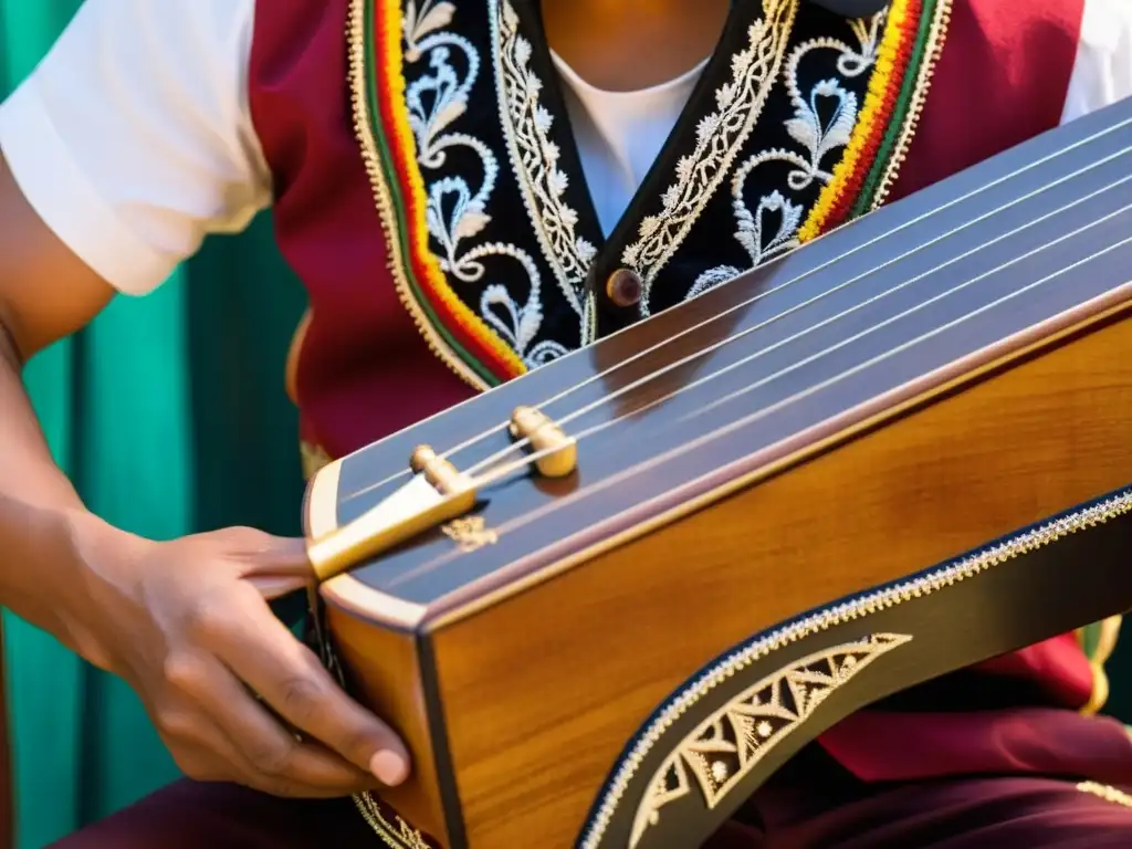 Un músico hábil toca una jarana jarocha, resaltando la rica textura de la madera y la vibrante vestimenta mexicana