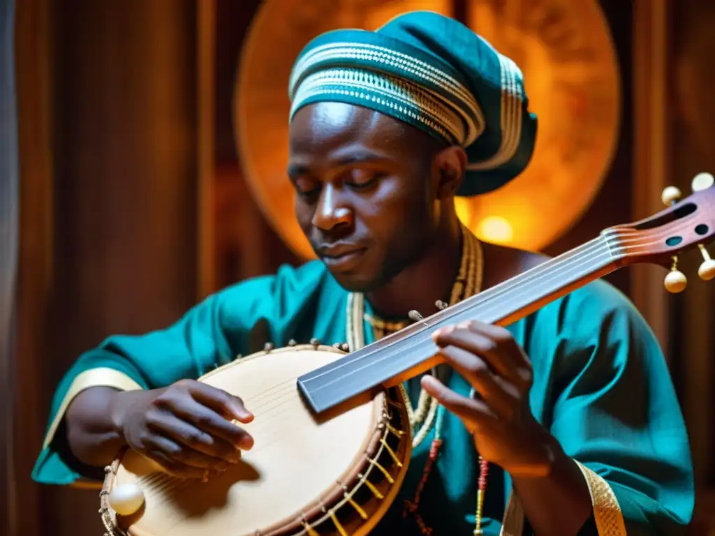 Un músico toca la kora en una habitación cálida y llena de elementos culturales