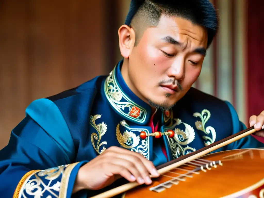 Un músico mongol toca el Morin Khuur con destreza, mientras bailarines en trajes tradicionales danzan al fondo