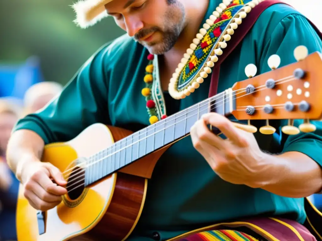 Un músico toca una nyckelharpa sueca en un festival al aire libre