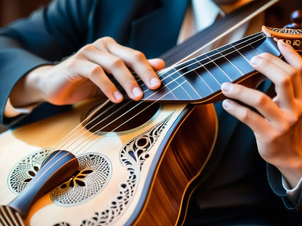 Maestro del oud: Emoción y destreza en la música árabe Un músico hábil toca el oud, destacando su significado cultural en la danza árabe
