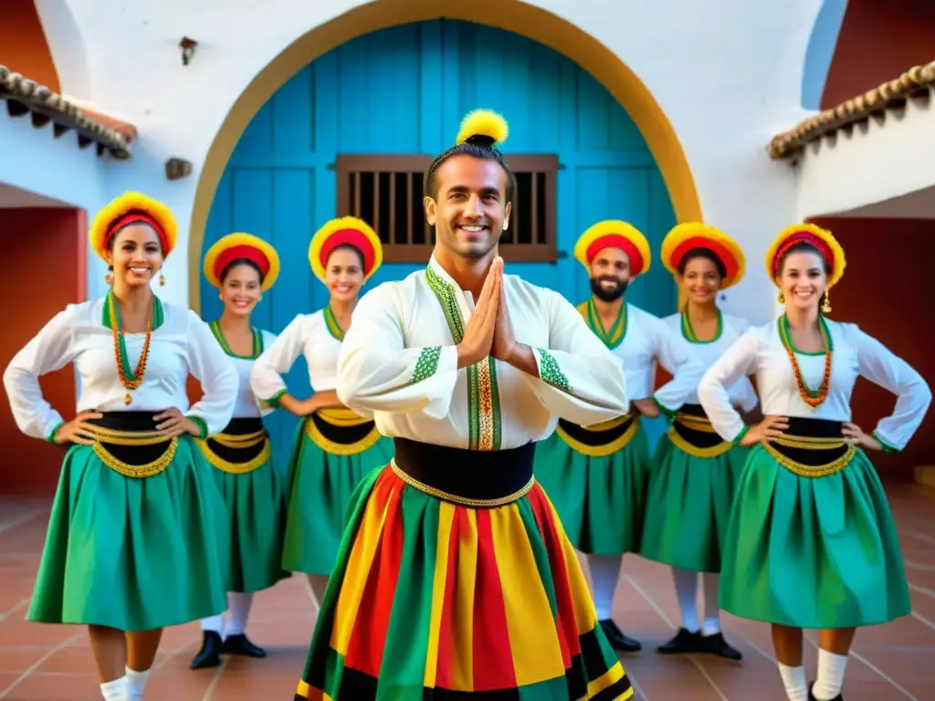 Un músico talentoso toca el timple canario rodeado de bailarines en trajes tradicionales, en una vibrante y colorida actuación de danzas tradicionales del mundo, exudando energía y pasión