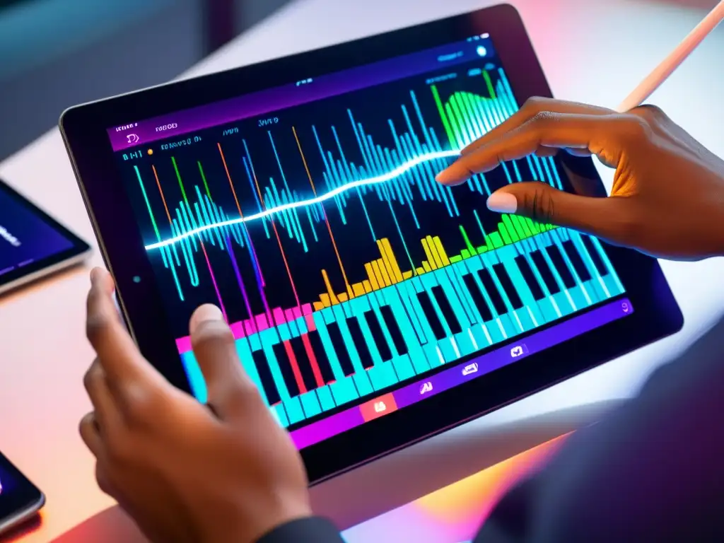 Un músico crea música con tecnología avanzada para danza en una tablet de alta resolución en un estudio vibrante