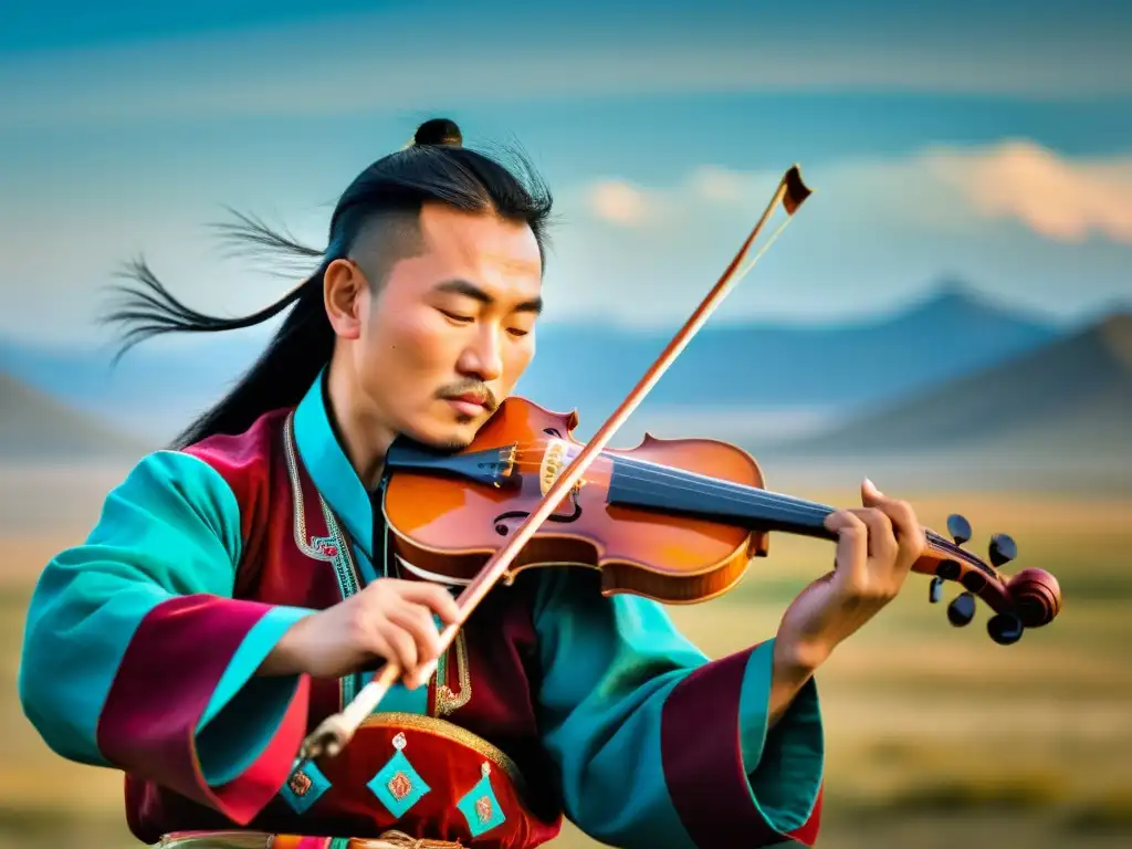 Un músico tradicional de Mongolia toca el morin khuur en la estepa, evocando la música folclórica de Mongolia