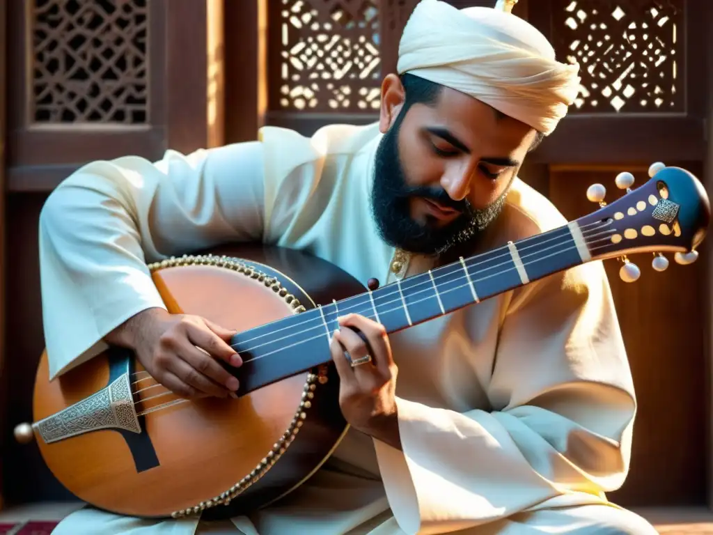 Un músico en traje tradicional toca con delicadeza un antiguo rebab árabe, reflejando su significado cultural